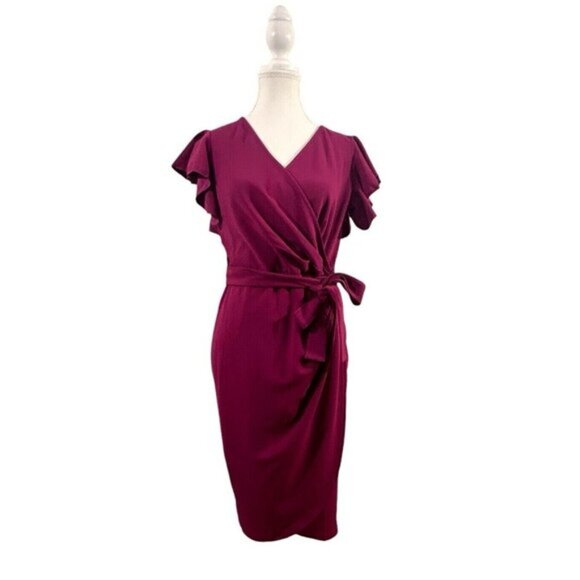 Women's V-Neck Ruffle Sleeve Faux Wrap Stretch Tulip Hem Purple Dress Size Small - Picture 5 of 16
